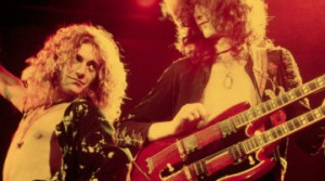 Robert Plant and Jimmy Page onstage in 1975 in the US.